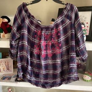 Dry Goods Blue Rain off the shoulder blouse sz M